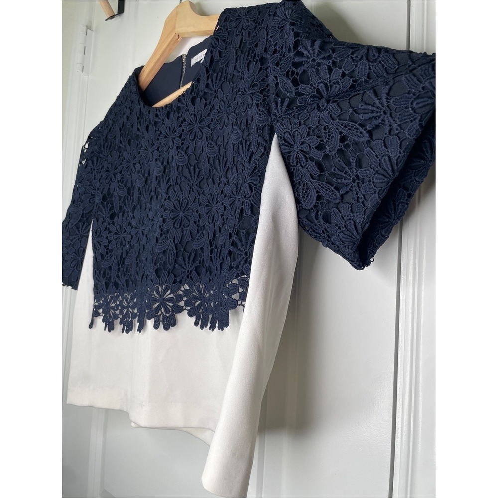 Women's Navy Blue Floral Lace White Layered Short Sleeve Top Office Classy Large - Picture 6 of 7